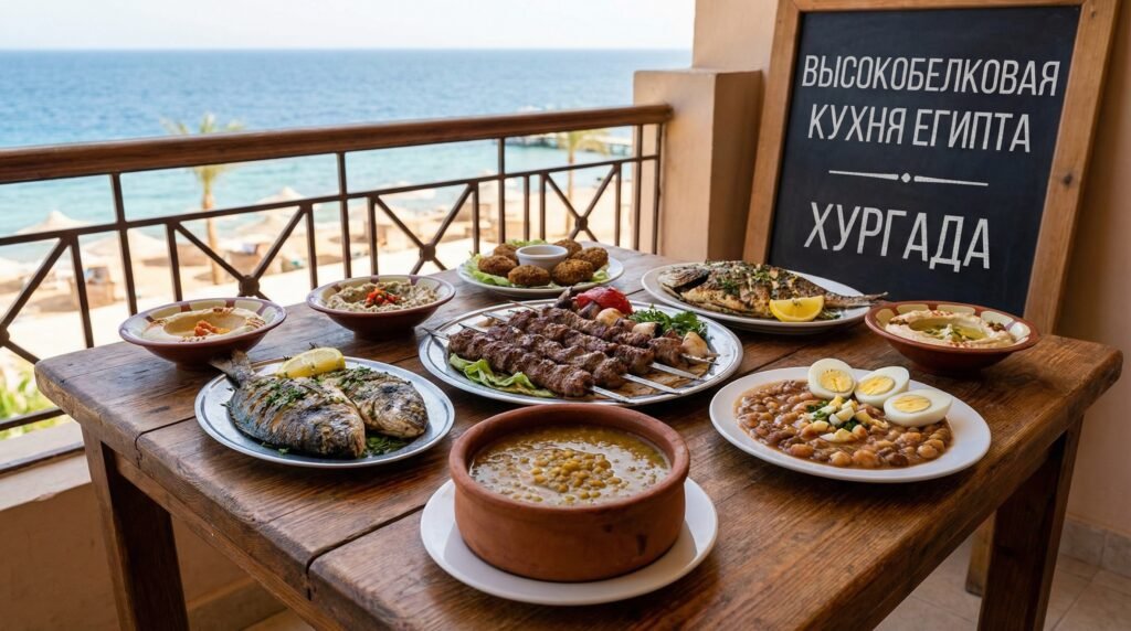 Инфографика египетской кухни: 5 блюд с высоким содержанием белка для туристов в Хургаде, включая кебаб, кошари и таамию, на фоне достопримечательностей Египта.
