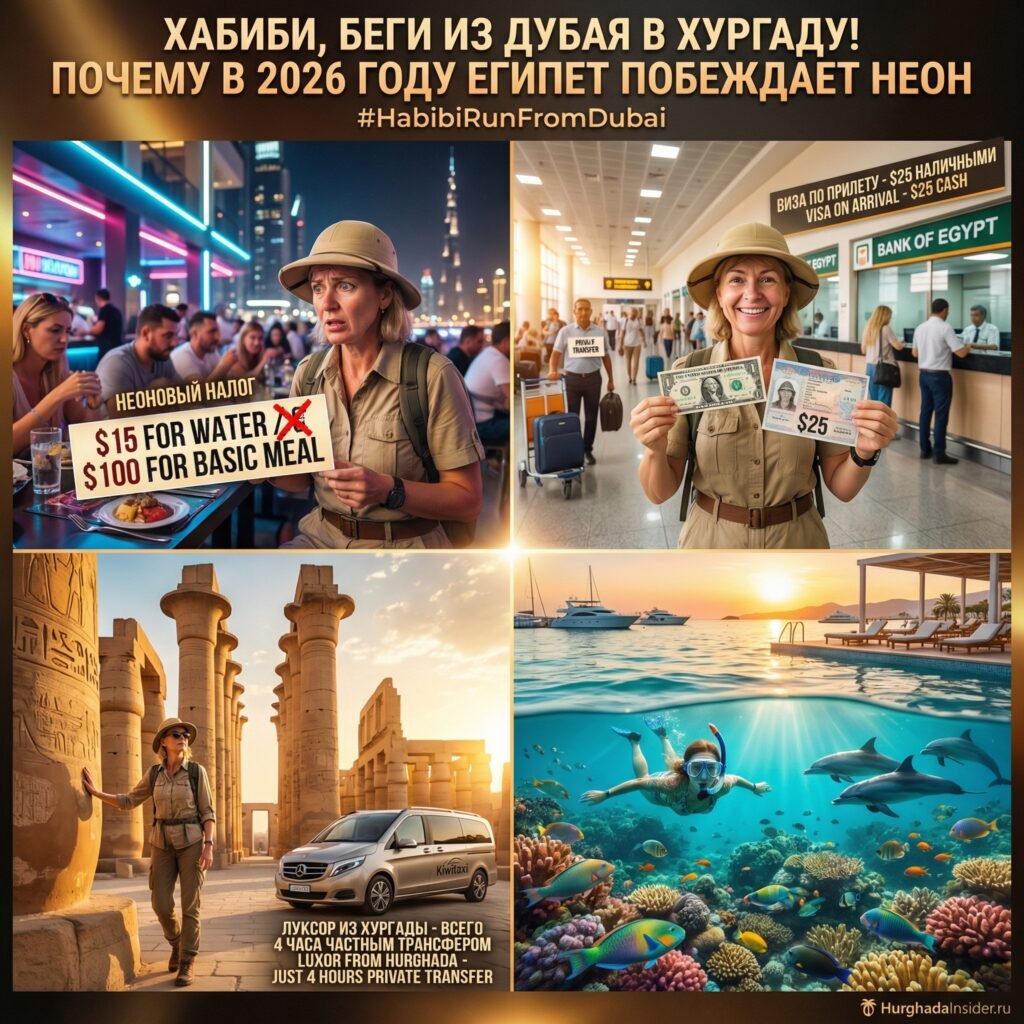 Критически важен для SEO. Описывает содержание изображения для роботов Google и Yandex. Коллаж для статьи #HabibiRunFromDubai: контраст между дорогим Дубаем и аутентичной Хургадой 2026. Сцены включают визу за $25 наличными в аэропорту, частный трансфер Kiwitaxi в Луксор, снорклинг с дельфинами в Красном море и сравнение цен на еду.