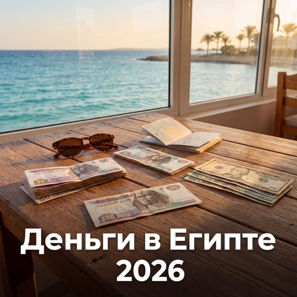 Египетские фунты и доллары США на деревянном столе рядом с паспортом и солнцезащитными очками на фоне бирюзового Красного моря. Советы туристам про деньги в Египте 2026.